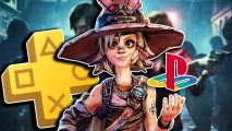 PS Plus January 2024 Premium Extra games: Tiny Tina from Tiny Tina's Wonderland holding a PlayStation logo in her hand, with a PS Plus logo behind her to the left, all set against a blurred image of Resident Evil 2 Remastered.