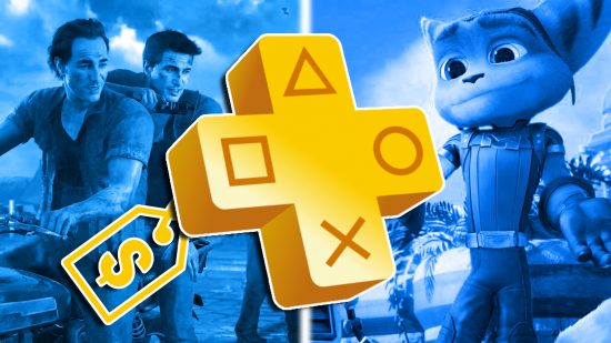 PS Plus value 2023: The PS Plus logo with a price tag icon, set against a blue-tinted background of iconic PS5 and PS4 games - Uncharted 4 on the left, and Rachet & Clank on the right.