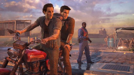 PS Plus value 2023: Nathan and Sam Drake from Uncharted 4 sat on a motorbike in a dockyard.