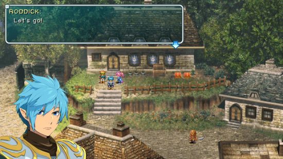 PS Plus value 2023: A character talking to the player through a text box at the top of the screen, while pixel characters interact with a door in the background in Star Ocean First Departure R, one of the Premium games.