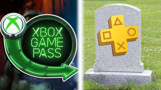 PS Plus Xbox Game Pass comparison 2023: The Game Pass logo as a neon sight on the left, against a blurred Halo image, while the PS Plus logo on the right is placed on a gravestone.
