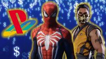 PS Store PS5 sale: Scorpion from Mortal Kombat, Spider-Man, and a glowing gold PlayStation logo, with a blue background of raining dollar signs