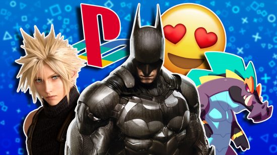 PS5 Critic's Choice PlayStation Store sale: Batman at the center, with Cloud from Final Fantasy 7 and a creature from Temtem on the left and right respectively. A PlayStation icon is on the left and a heart-eyed emoji is on the right, both tucked behind the characters slightly.