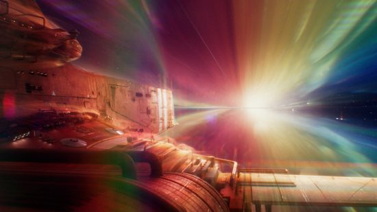 PS5 exclusives: A spaceship preparing to warp through a multicolored portal