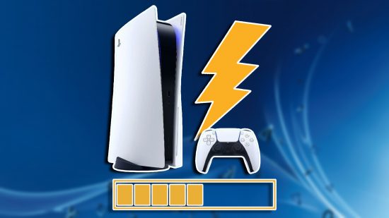 PS5 faster game download patent: A PS5 console and controller against a blue PlayStation-themed background, with a lightning bolt and loading bar icon next to below the console respectively.