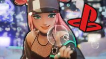 PS5 live service games: A pink haired female character from Foamstars about to pop a bubble, with a red PlayStation logo in the background