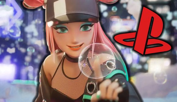 PS5 live service games: A pink haired female character from Foamstars about to pop a bubble, with a red PlayStation logo in the background