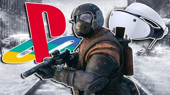 PS5 Metro Awakening State of Play leak: Artyom from Metro Exodus wearing a gas mask against a snowy background. A colorful PlayStation logo is on the left and a PSVR2 device is on the right.