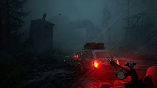 PS5 Pacific Drive previews: The player standing next to their parked car in a dark wooded environment while holding a tool.