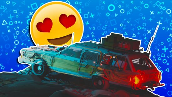 PS5 Pacific Drive previews: The station wagon from Pacific Drive perched on a cliff ledge, set against a blue PlayStation themed background and a heart-eyes emoji.