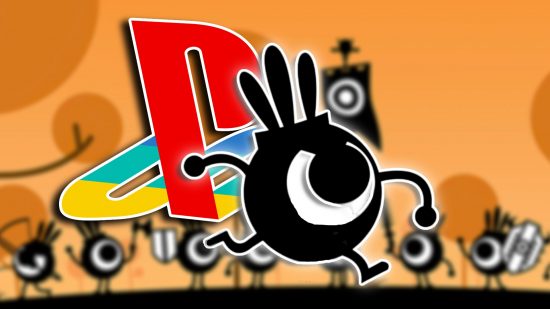 PS5 Patapon remake revealed PSP: A character from Patapon walking to the right, with a colorful PlayStation logo and blurred image of the game in the background.