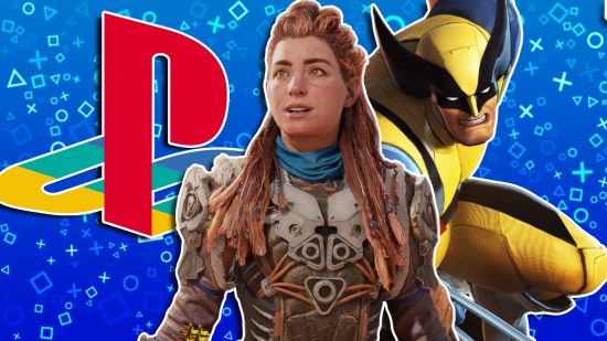 PS5 State of Play 2024 predictions: Aloy from the Horizon series standing in awe at the center of the image, with Wolverine leaping on the right and a PlayStation logo on the left, all placed on a blue PlayStation-themed background.