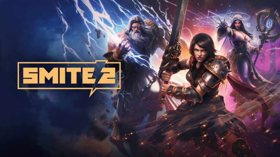 Smite 2: Various gods from different pantheons on the right, attacks at the ready, with the game name in yellow text to the left of the image.
