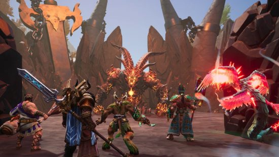 Smite 2 MOBA revolution PS5 Xbox: A group of gods standing outside a boss arena in a rocky environment.