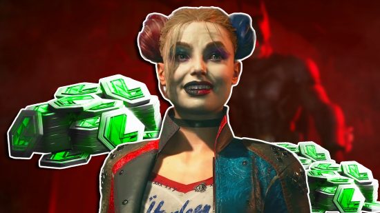 Suicide Squad Kill the Justice League free Luther Coins $20 gift early access: Harley Quinn looking towards the camera with two piles of Luthor Coins, one on either side.