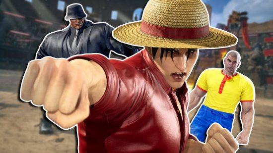 Tekken 8 characters custom creator: Monkey D. Luffy, recreated in-game, punching towards the camera. Mr. X and Caillou are placed around the central figure.