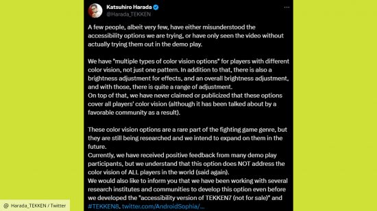 Tekken 8 colorblind filter: a long tweet from Harada in response to complaints