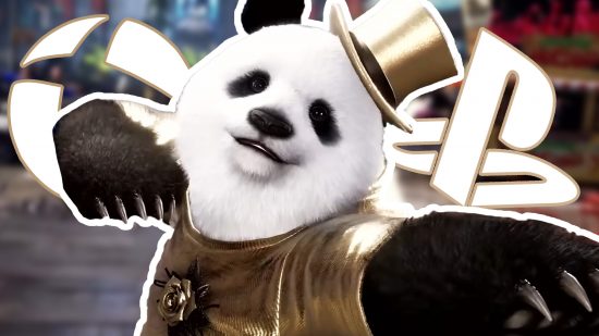 Tekken 8 colorblind filter: Kuma the panda wearing a gold outfit and top hat