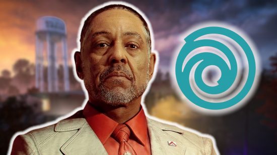 Ubisoft extraction shooters: Anton Castillo from Far Cry 6 wearing a cream suit and orange shirt, with a light blue Ubisoft logo next to him