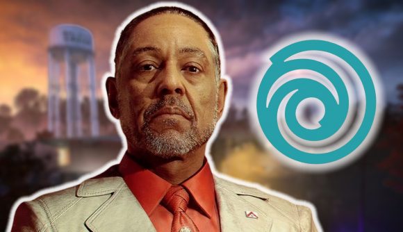 Ubisoft extraction shooters: Anton Castillo from Far Cry 6 wearing a cream suit and orange shirt, with a light blue Ubisoft logo next to him