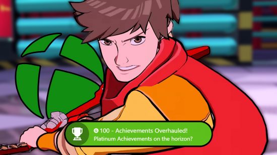 Xbox achievement overhaul: a boy with brown hair wearing a red, orange, and yellow outfit while wielding a guitar