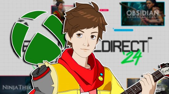 Xbox Developer Direct 2024 no shadow drops: Chai, the main character from HiFi Rush standing with his hand on a guitar fretboard. In the background is an Xbox logo and the Developer Direct 2024 promotional art.