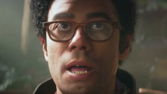 Xbox exclusives: A man with brown-framed glasses looks up with his mouth open