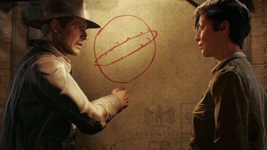 Xbox exclusives: Indiana Jones points at a roughly drawn diagram while talking to a woman