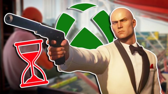 Xbox Game Pass Hitman leaving January 2024: Agent 47 holding a suppressed pistol to the left while wearing a white suit. A red sand timer and Xbox logo are placed next to the character.