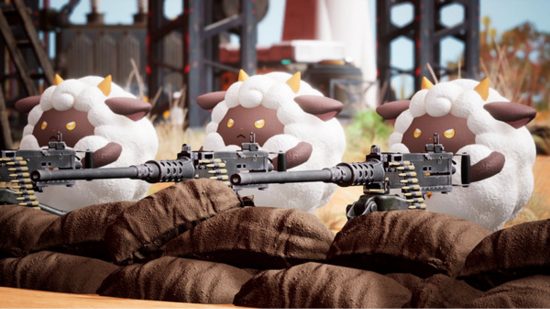 Palworld Xbox Game Pass: three white and black sheep using mounted machine guns