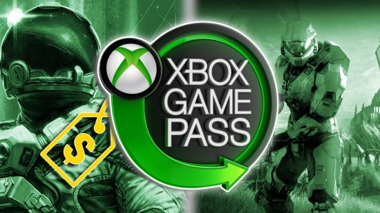 Xbox Game Pass Value 2023: The Xbox Game Pass logo set against a green-tone background, with a Starfield astronaut on the left and Master Chief from Halo on the right, with a dollar price tag attached to the logo.