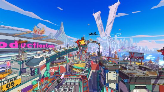 Xbox Game Pass value 2023: The main character of HiFi Rush leaping through the air in a colorful and dense urban environment.