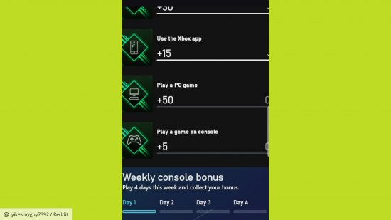 Xbox Microsoft Rewards upgrade: a screenshot of the new weekly objective