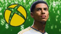 Xbox sale FC 24: Jude Bellingham in a white football shirt with a gold Xbox logo floating next to him. A green background with white dollar signs is behind him