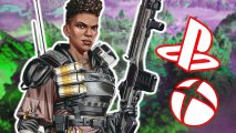 Apex Legends 120fps: Bangalore holding up a large rifle in one hand, with white and red logos of PlayStation and Xbox floating beside her