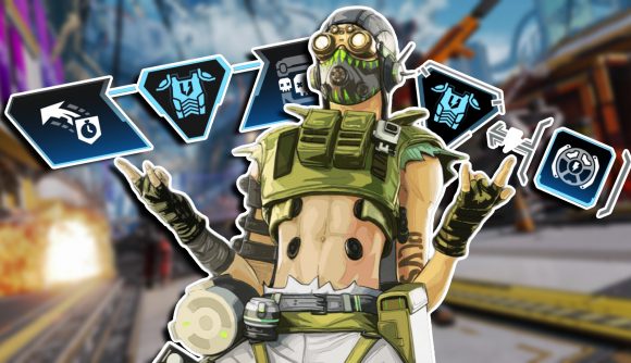 Apex Legends Season 20 Legend Upgrades new feature: Octane posing with his hands out, with two item boxes behind him.