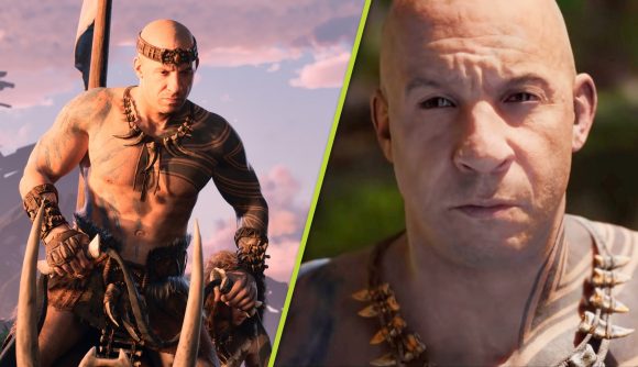Ark 2 release date: A split image showing two shots of Vin Diesel's tribal character in Ark 2. The first shows him riding a mount, and the other is a close up of him with a concerned expression