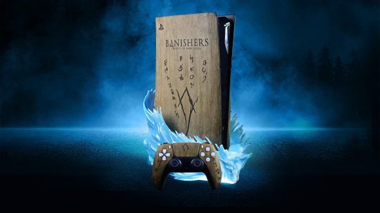 Banishers Ghosts of New Eden PS5 console giveaway: The unique wooden console design with blue water-like energy swirling around it. 