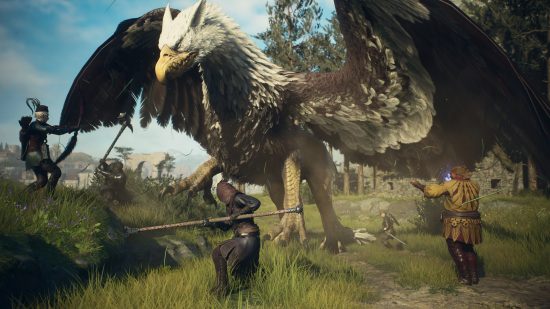 Best open world games: A massive griffin attacks a group of players in Dragon's Dogma 2