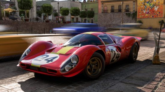 Best open world games: A red Ferrari sports car with racing stripes and numbers parked in a town square