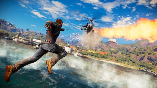 Best PS4 Games Just Cause 3: An image of Rico Rodriguez using the grapple hook in Just Cause on PS4.