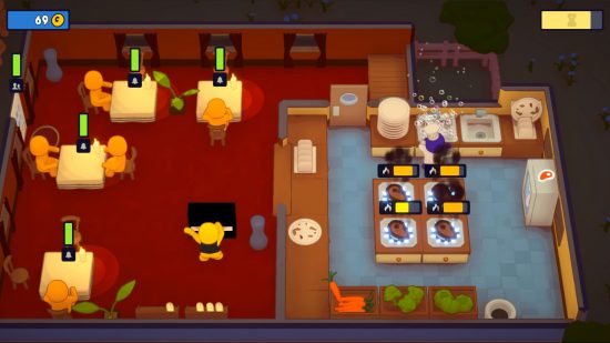 Best Xbox co-op games: a restaurant with a red carpet in PlateUp!