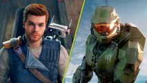 Best Xbox Game Pass games: A split image showing Cal Kestis from Jedi Fallen Order with his robot companion on his shoulder, and Master Chief from Halo Infinite in his green armor