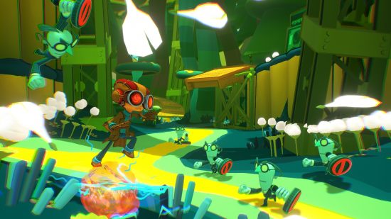 Best Xbox Game Pass games: A character wearing red aviator goggles leaps through a cartoon level filled with small green men