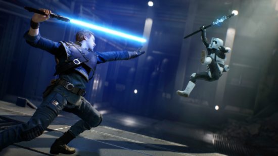 Best Xbox Game Pass games: Cal Kestis holds a blue lightsaber above his head as he blasts an enemy back with the Force