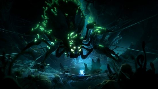 Best Xbox games: a tiny forest spirit sizing up a giant spider