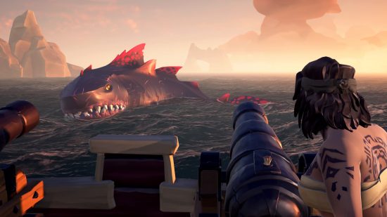 Best Xbox multiplayer games: a pirate aims a cannon at a Megalodon in Sea of Thieves
