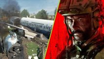 Call of Duty MW3 map remakes: A diagonally split image with a crashed Air Force One from the Black Box map on the left, and a close-up of Captain Price on the right.