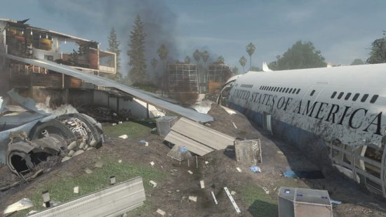 MW3 map remakes: An image of the Black Box map, showing the wreckage of the Air Force One plane with buildings and trees in the background.