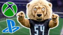 College Football 25 reveal: A lion mascot points with both hands in front of it. Xbox and PlayStation logos float next to it